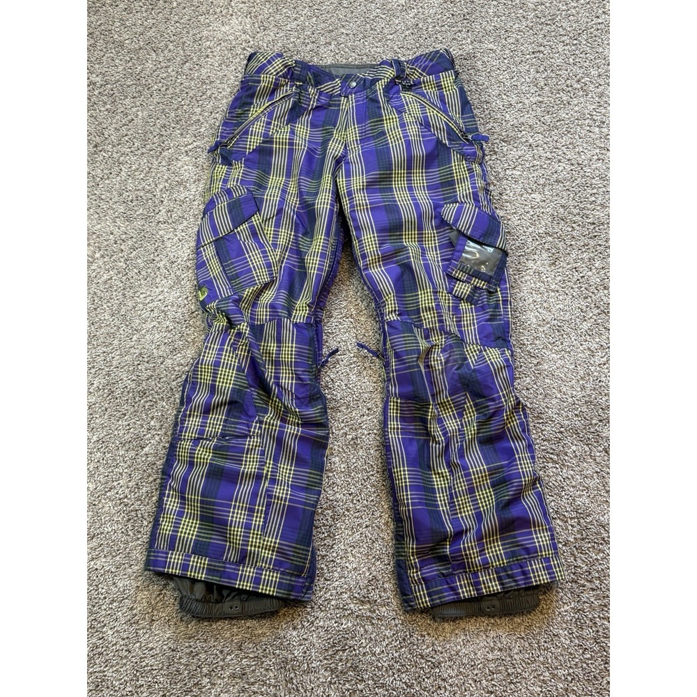 Burton Ski Pants Dryride Womens M Plaid Purple Yellow Fleece Lined